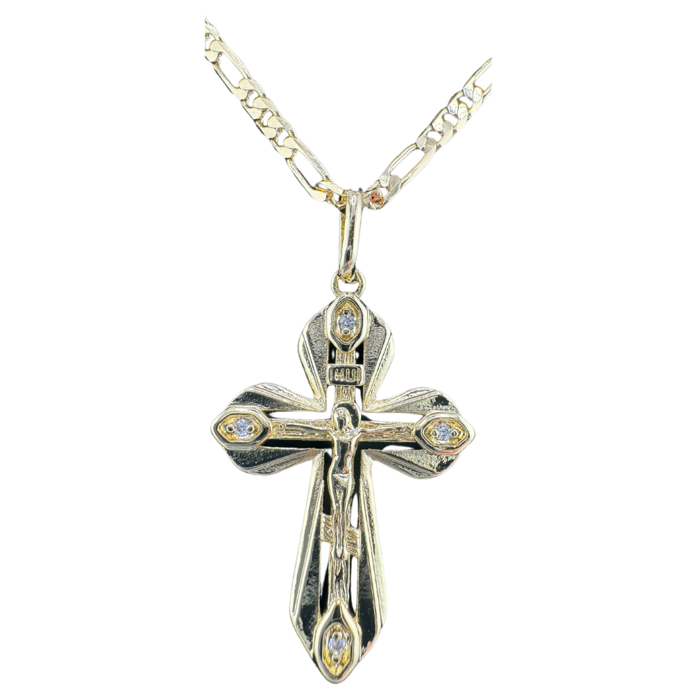 Divine Elegance: Orthodox Cross Pendant Plated In 14K Gold Brass Based with Zircon Stone w/o Chain Divine Elegance: Orthodox Cross Pendant Plated In 14K Gold Brass Based with Zircon Stone w/o Chain